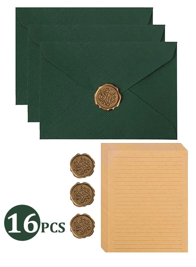 Green Vintage Letter Paper Set, 10 Sheets Writing Paper + 3 Kraft Envelopes + 3 Wax Seal Stickers, Elegant Stationery for Wedding Invitations Birthday Greeting - Image 1
