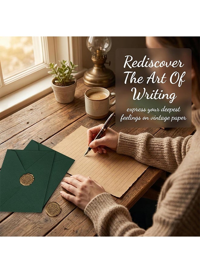 Green Vintage Letter Paper Set, 10 Sheets Writing Paper + 3 Kraft Envelopes + 3 Wax Seal Stickers, Elegant Stationery for Wedding Invitations Birthday Greeting - Image 4