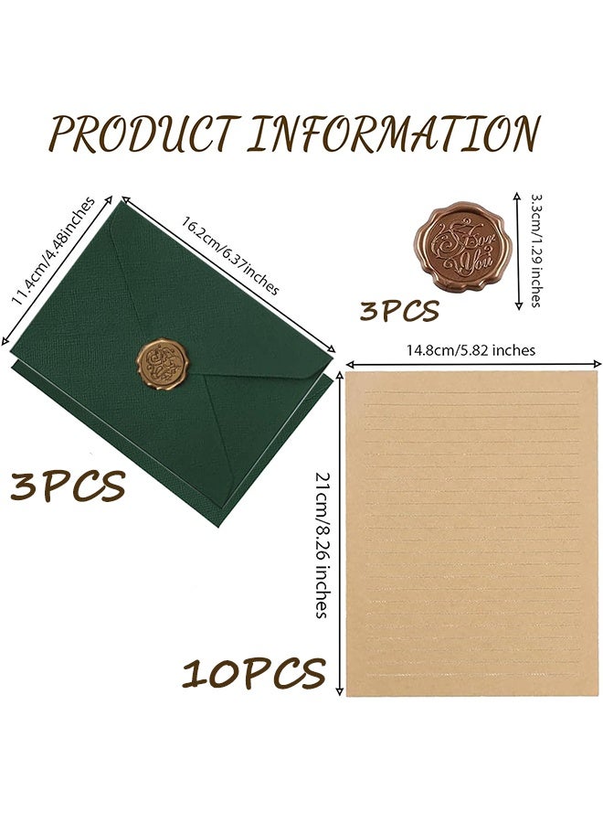 Green Vintage Letter Paper Set, 10 Sheets Writing Paper + 3 Kraft Envelopes + 3 Wax Seal Stickers, Elegant Stationery for Wedding Invitations Birthday Greeting - Image 2
