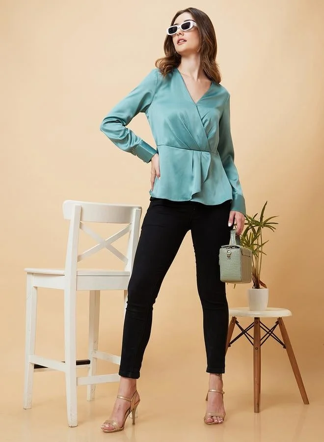 globus Satin Pleated V-Neck Ruffle Hem Wrap Top