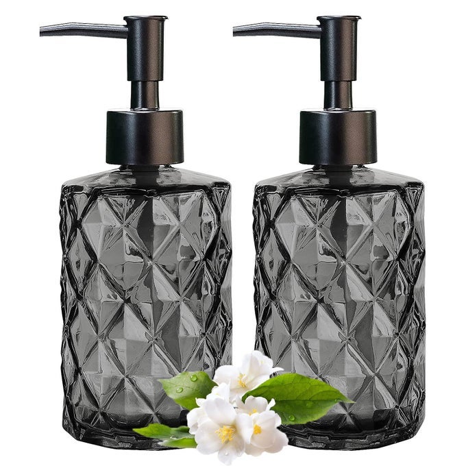 2 PCS GLASS SOAP DISPENSER SET FOR BATHROOM 11OZ GLASS SOAP BOTTLES WITH PLASTIC PUMP KITCHEN DISH SOAP DISPENSER SET HANDPUMP DISPENSER FOR LIQUID HAND SOAP LOTION ESSENTIAL OIL BLACK