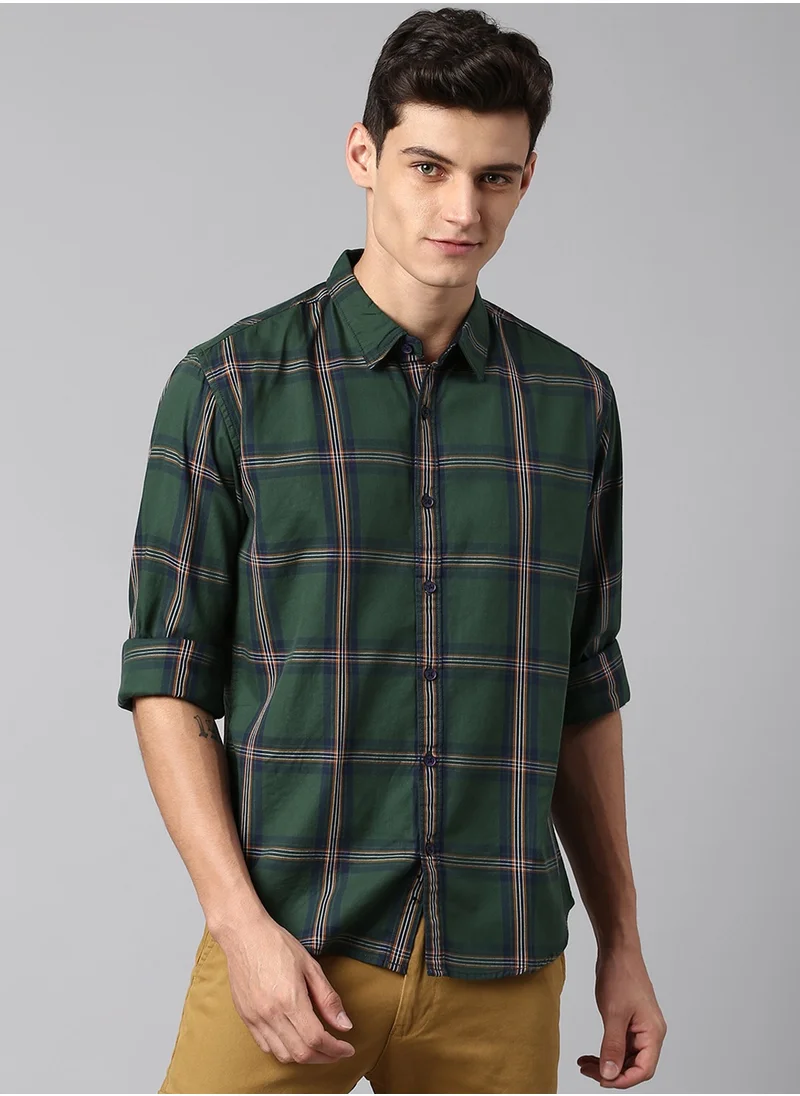 Dennis Lingo Green Regular Fit Shirt for Men - Cotton, Checks, Spread Collar, Full Sleeves, Casual