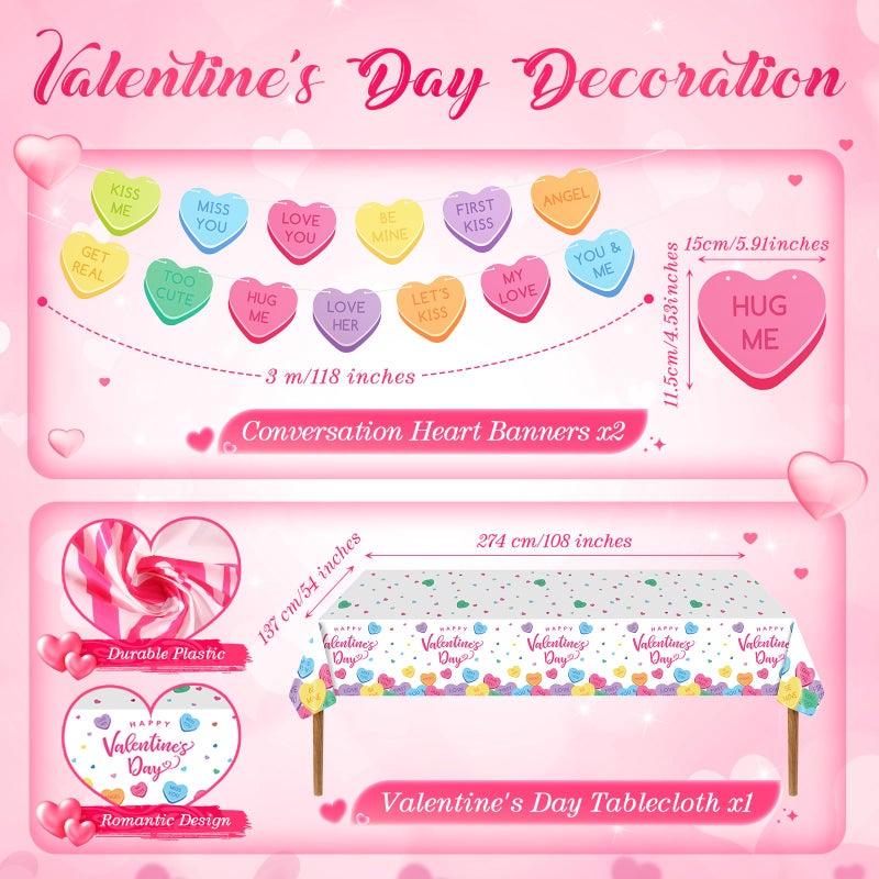 Ziliny 171 Pcs Valentine's Day Party Decorations Serve 24, Conversation Hearts Paper Plates Napkins Cup Banner Tablecloth Cutlery Valentine Galentine Day Anniversary Wedding Baby Shower Party Supplies - Image 5