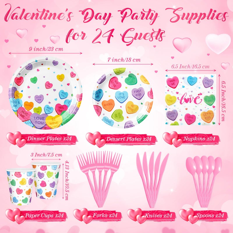 Ziliny 171 Pcs Valentine's Day Party Decorations Serve 24, Conversation Hearts Paper Plates Napkins Cup Banner Tablecloth Cutlery Valentine Galentine Day Anniversary Wedding Baby Shower Party Supplies - Image 3