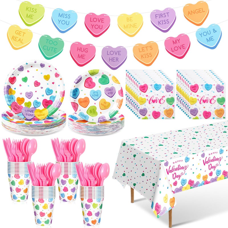 Ziliny 171 Pcs Valentine's Day Party Decorations Serve 24, Conversation Hearts Paper Plates Napkins Cup Banner Tablecloth Cutlery Valentine Galentine Day Anniversary Wedding Baby Shower Party Supplies - Image 1