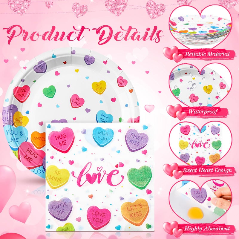 Ziliny 171 Pcs Valentine's Day Party Decorations Serve 24, Conversation Hearts Paper Plates Napkins Cup Banner Tablecloth Cutlery Valentine Galentine Day Anniversary Wedding Baby Shower Party Supplies - Image 4