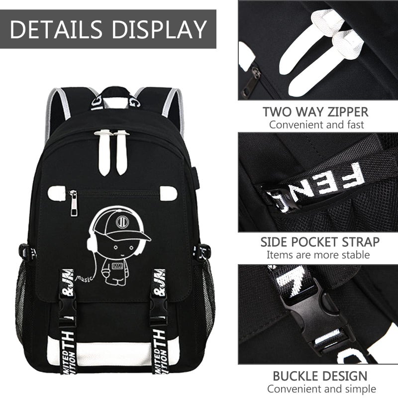 ASXMA Luminous Pattern Travel Laptop Backpack - Adjustable Shoulder Strap Waterproof Black Backpack With Usb Charging Port & Headphone Port School Backpack Includes Pencil Bag,combination Lock - Image 4