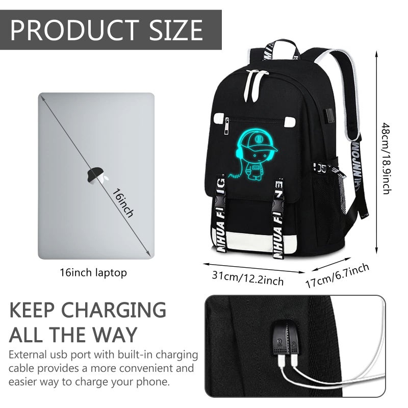 ASXMA Luminous Pattern Travel Laptop Backpack - Adjustable Shoulder Strap Waterproof Black Backpack With Usb Charging Port & Headphone Port School Backpack Includes Pencil Bag,combination Lock - Image 3
