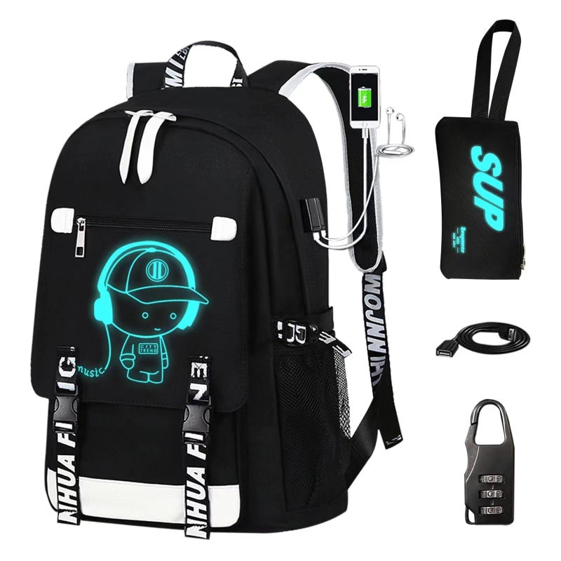ASXMA Luminous Pattern Travel Laptop Backpack - Adjustable Shoulder Strap Waterproof Black Backpack With Usb Charging Port & Headphone Port School Backpack Includes Pencil Bag,combination Lock - Image 1