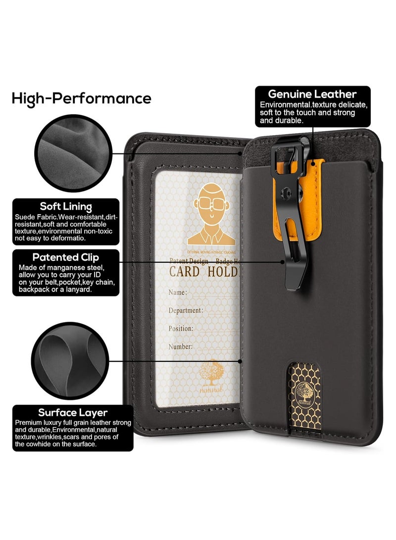 Goserda® Premium Leather ID Badge Holder with Clear Window- Vertical Business Card Holder with Detachable Metal Clip for Office and School Use （Black – no lanyard included） - Image 2