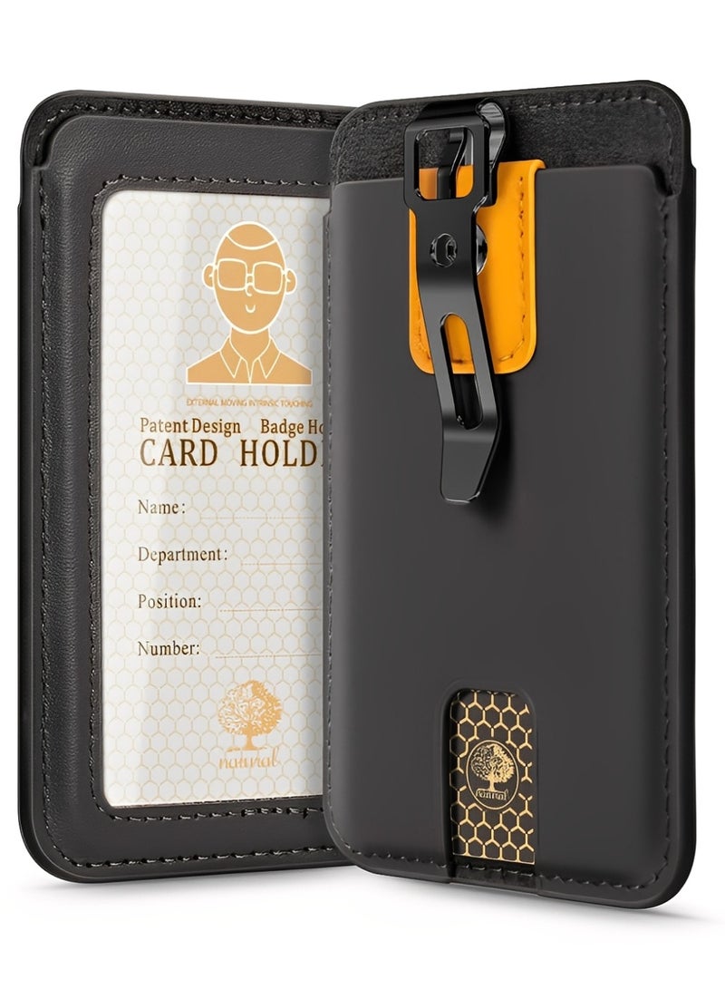 Goserda® Premium Leather ID Badge Holder with Clear Window- Vertical Business Card Holder with Detachable Metal Clip for Office and School Use （Black – no lanyard included） - Image 1