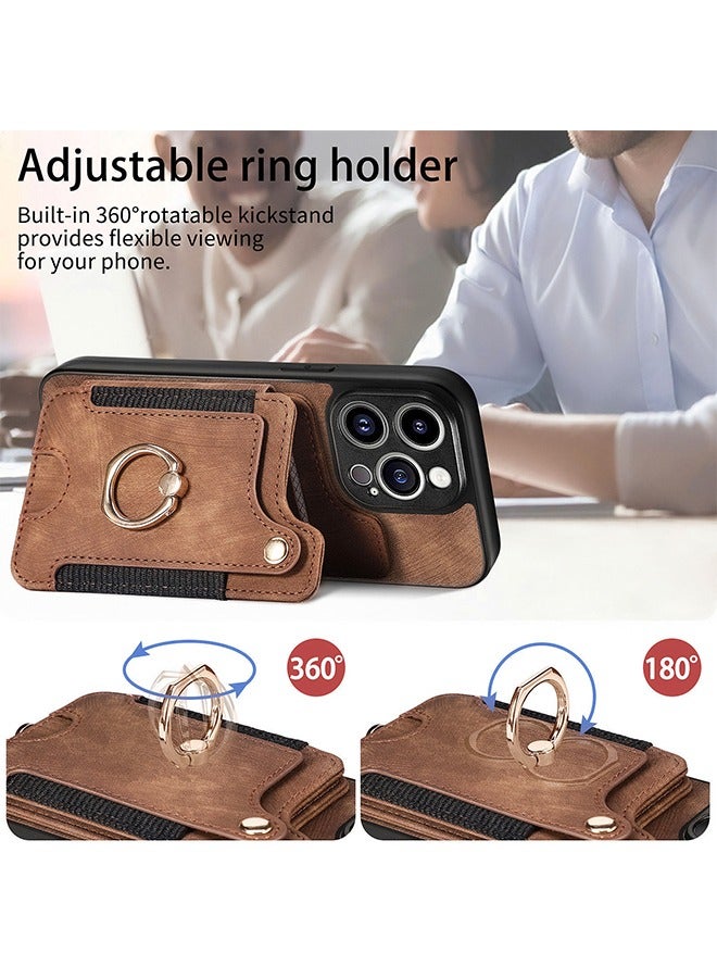 iPhone 15 Pro Max Wallet Case with Card Holder, Leather Protective Case Purse with RFID Blocking Ring Holder Strap Wrist Kickstand Flip Shockproof Cover Shockproof Magnetic Attraction Brown/Black - Image 4