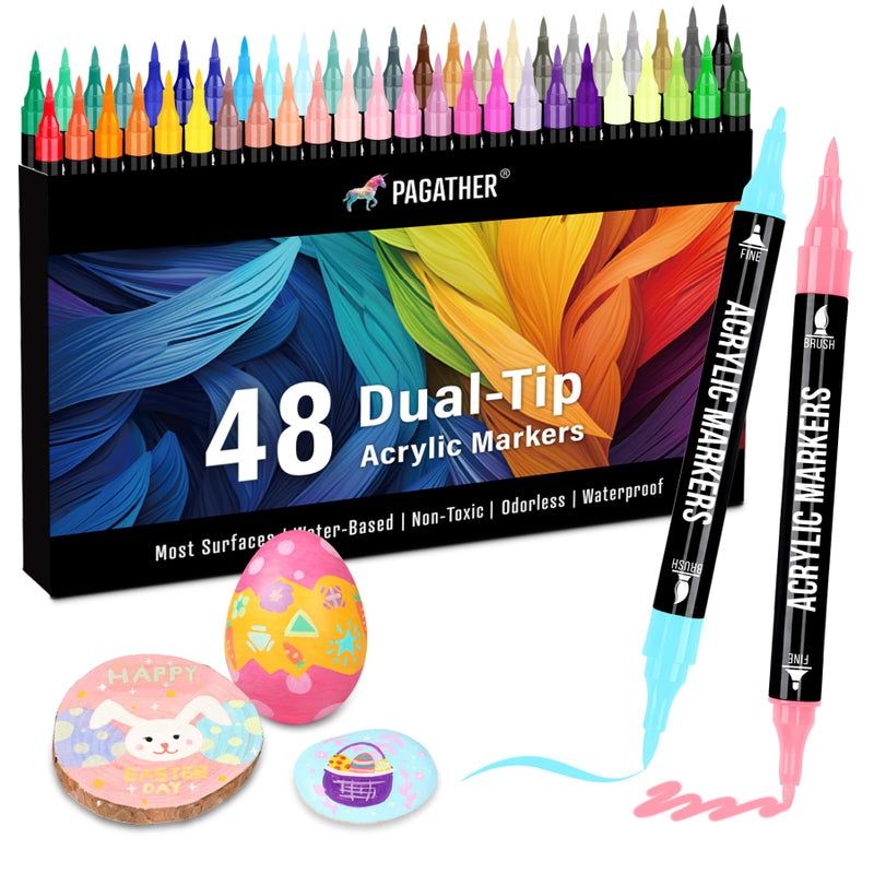 Pagather 48 Colors Acrylic Paint Markers, Dual Tip with Fine Tip and Brush Tip Pens for Stone, Wood, Calligraphy, Canvas, Ceramic, Metal, Glass, Rock Painting, DIY Crafts - Image 1