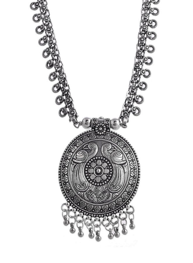 Naman Arts Oxidised Long Chain Pendant Necklace for Women | Antique Rectangular Tribal Charm | Pure Brass Lightweight Ethnic Boho Necklace (Mor Design Pendant) - Image 1