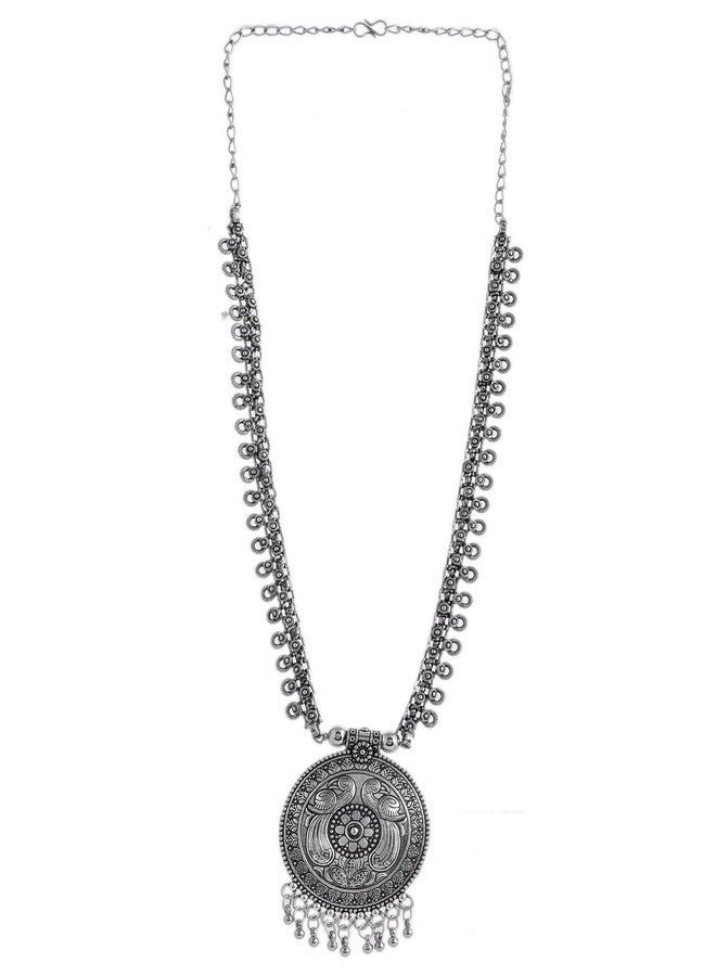 Naman Arts Oxidised Long Chain Pendant Necklace for Women | Antique Rectangular Tribal Charm | Pure Brass Lightweight Ethnic Boho Necklace (Mor Design Pendant) - Image 2