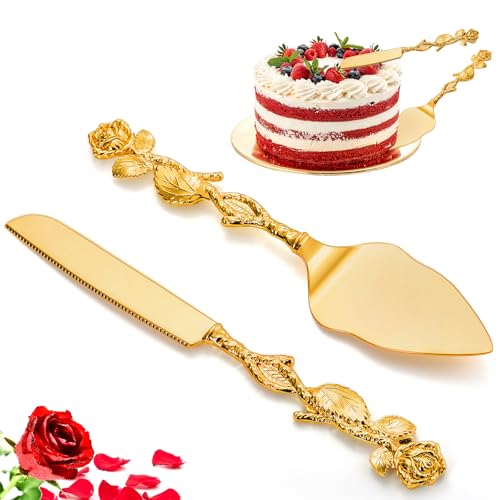 Mezchi Wedding Cake Knife and Server Set, Gold Cake Cutting Set for Wedding, Vintage Rose Wedding Cake Cutter and Server for Birthday, Party, Anniversary, Cake, Pie, Pizza - Image 1