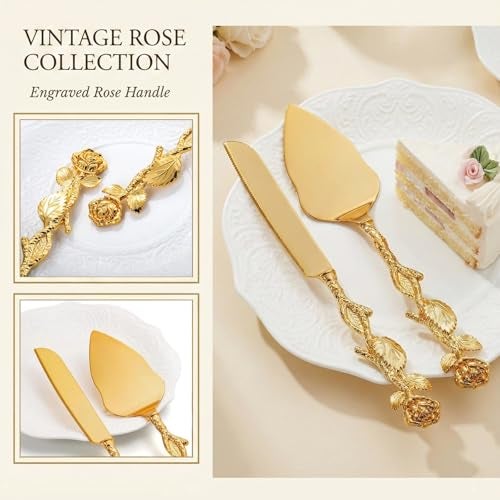 Mezchi Wedding Cake Knife and Server Set, Gold Cake Cutting Set for Wedding, Vintage Rose Wedding Cake Cutter and Server for Birthday, Party, Anniversary, Cake, Pie, Pizza - Image 4