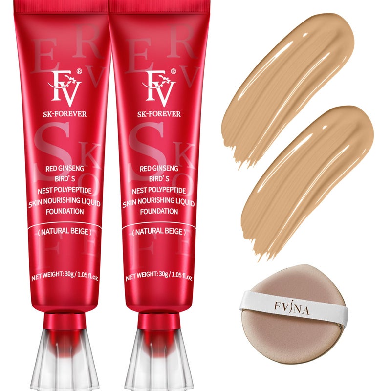 FV FV 2 Pack Waterproof Foundation, Lightweight & Medium Coverage Foundation with Matte Finish, Oil Control Long Lasting Liquid Foundation Makeup for Oily Normal Skin (Natural Beige, 1.05 fl.oz)