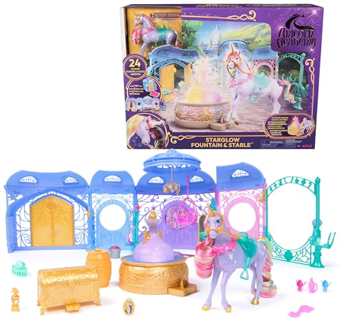 Unicorn Academy أكاديمية اليونيكورن نافورة مضيئة مجموعة اللعب استقرار أفكار هدايا عيد الفصح دمى ألعاب اليونيكورن تشمل وايلدستار 24 ملحقات مؤثرات صوتية - Image 1