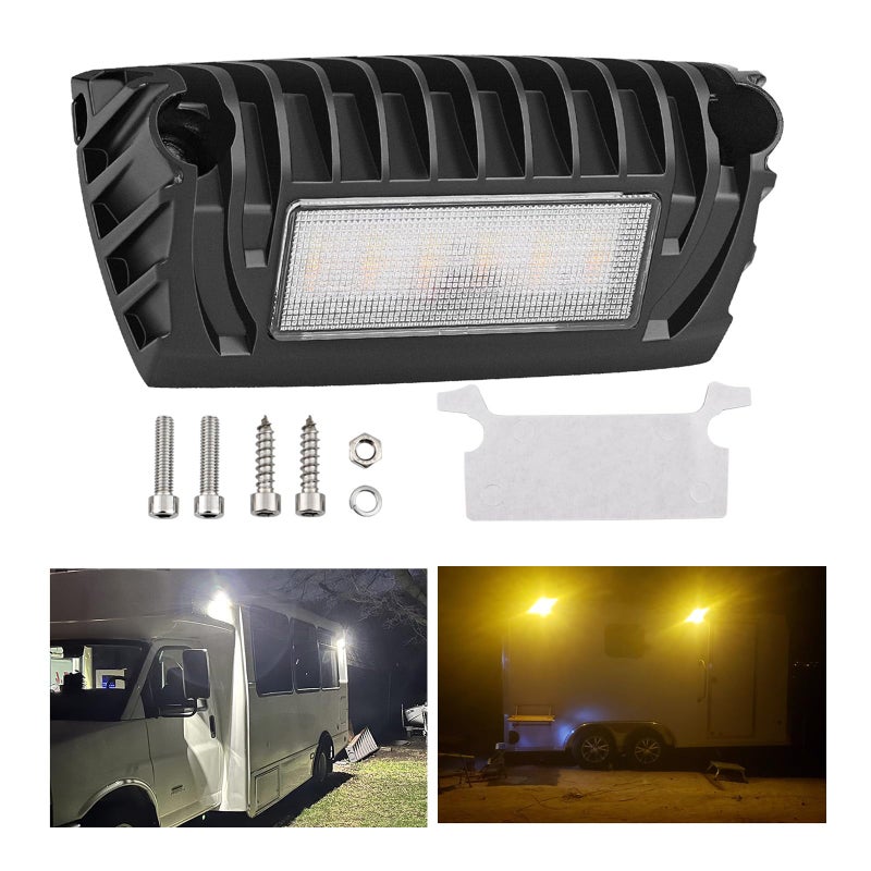 ضوء خارجي RV من تشيلهاد أبيض وأصفر LED ضوء شرفة RV 12V أضواء RV ضوء خارجي متعدد الاستخدامات متوافق مع RVs والمقطورات والمخيمات والعجلات الخامسة قاعدة من الألمنيوم عبوة واحدة