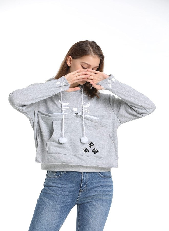 ALYC Unisex Hoodies Pet Holder Cat Dog Kangaroo Pouch Carries Pullover with Cat Printing Sweatshirt (Light Grey, L) - Image 3