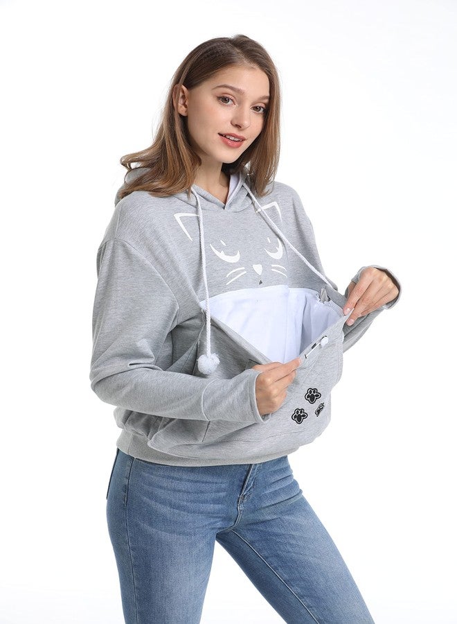 ALYC Unisex Hoodies Pet Holder Cat Dog Kangaroo Pouch Carries Pullover with Cat Printing Sweatshirt (Light Grey, L) - Image 2