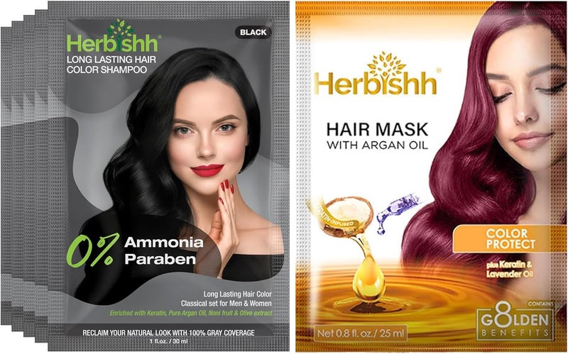 Herbishh Black Color Shampoo for Gray Hair - 3 in 1 Hair Dye Shampoo, 100% Grey Coverage, Ammonia-Free, 30 ml (Pack of 5) - Image 1