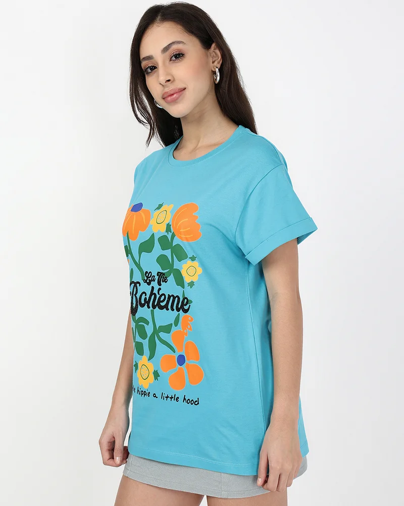 bewakoof Women's Aqua Sky Blue La Vie Boheme Graphic Printed Boyfriend T-shirt