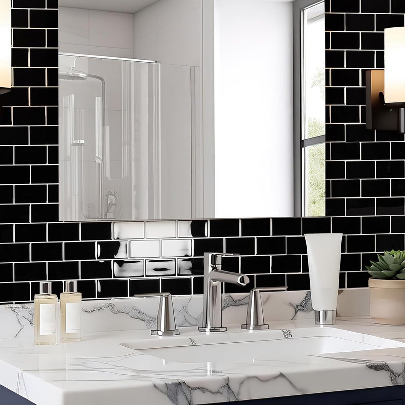 Art3d Peel and Stick Black with Silver Grout Wall Tiles – 10-Pack of 12 x12 Thickened Design Backsplash, Self-Adhesive Tile for Kitchen & Bathroom Decor - Image 3