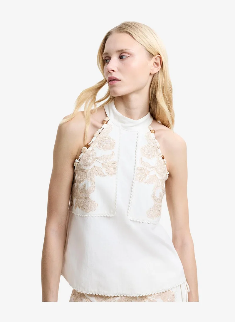 فرنش كونكشن Women's Ecru/Neutral Calissa Cotton Halter Neck Top