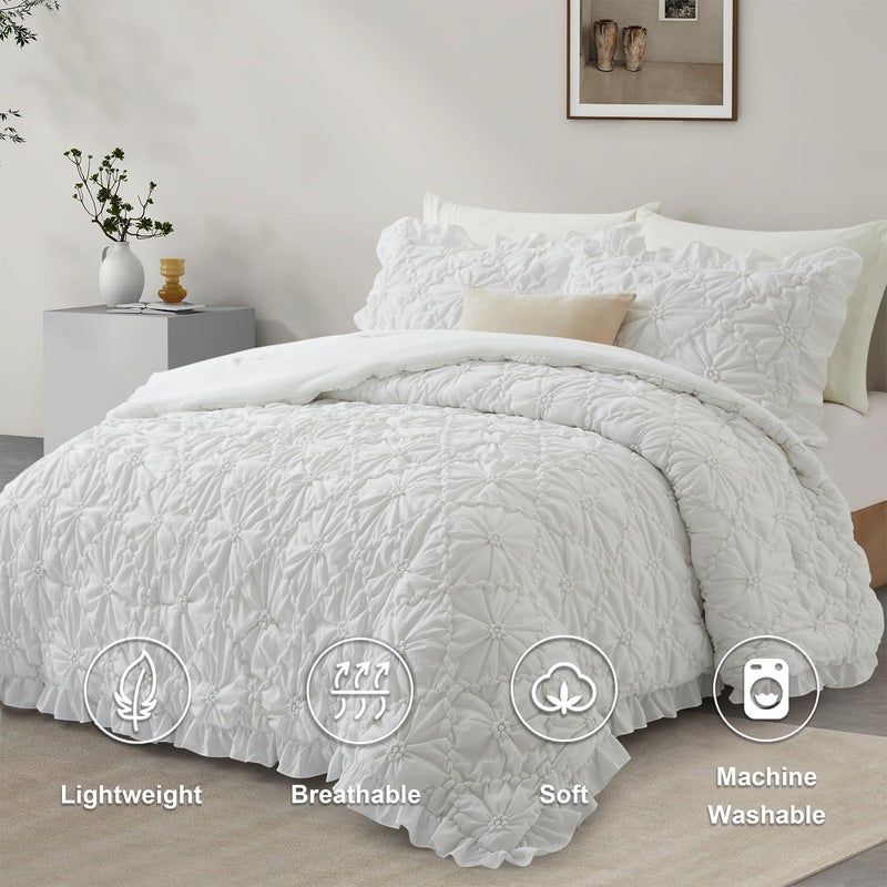 BEDAZZLED King Size Comforter Sets, White Bedding Comforter Set, 3 Pieces Pinch Pleat Bedding Sets with Comforter and Pillowcases Soft Farmhouse Shabby Chic Comforter for All Season - Image 2