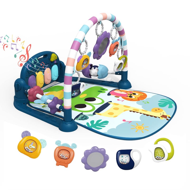 dearlomum Baby Play Mat Baby GymFunny Play Piano Tummy Time Baby Activity Mat with 5 Infant Sensory Baby Toys Music and Lights Boy Girl Gifts for Newborn Baby 0 to 3 6 9 12 MonthsNew Blue