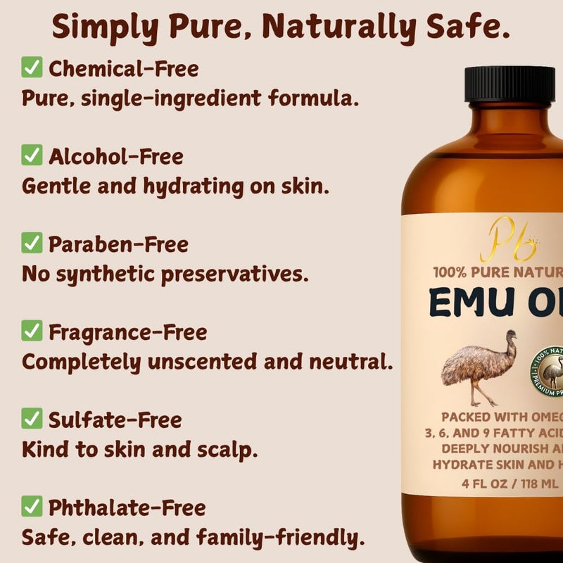 Pomberries Emu Oil, 100% Pure Australian Emu Oil â€“ Refined & Unscented â€“ Natural Moisturizer for Hair, Skin, Face & Body â€“ Helps with Scars, Dry Skin & Massage â€“ 4 fl oz Glass Bottle - Image 4