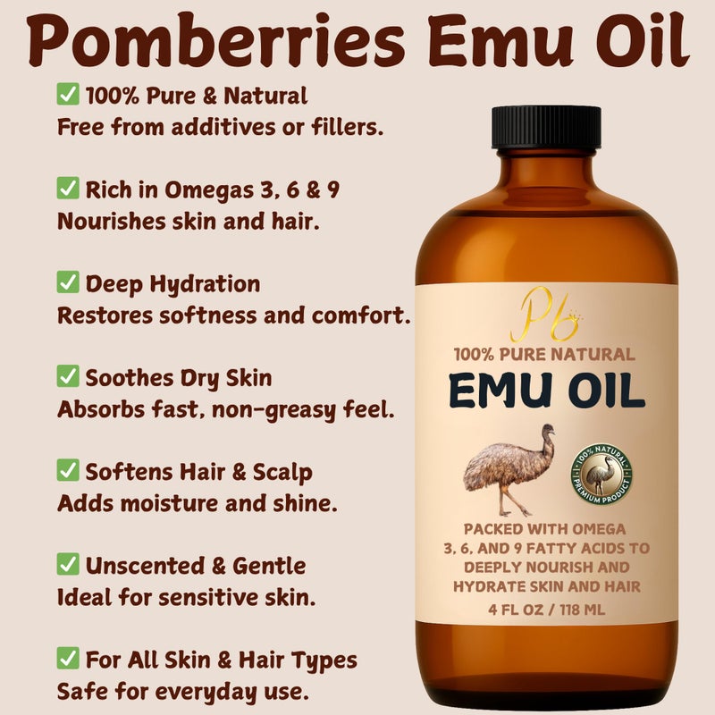 Pomberries Emu Oil, 100% Pure Australian Emu Oil â€“ Refined & Unscented â€“ Natural Moisturizer for Hair, Skin, Face & Body â€“ Helps with Scars, Dry Skin & Massage â€“ 4 fl oz Glass Bottle - Image 3