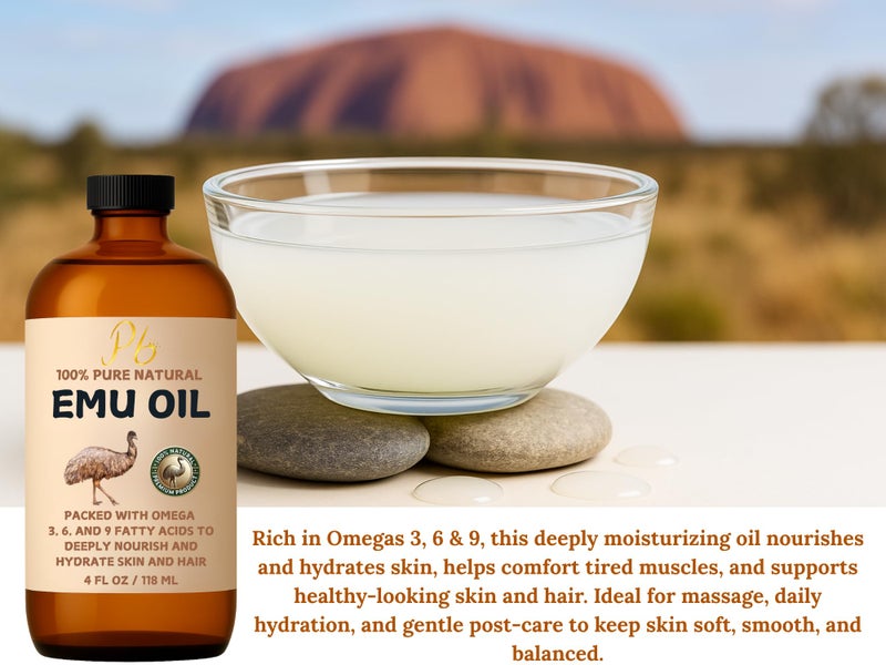 Pomberries Emu Oil, 100% Pure Australian Emu Oil â€“ Refined & Unscented â€“ Natural Moisturizer for Hair, Skin, Face & Body â€“ Helps with Scars, Dry Skin & Massage â€“ 4 fl oz Glass Bottle - Image 2