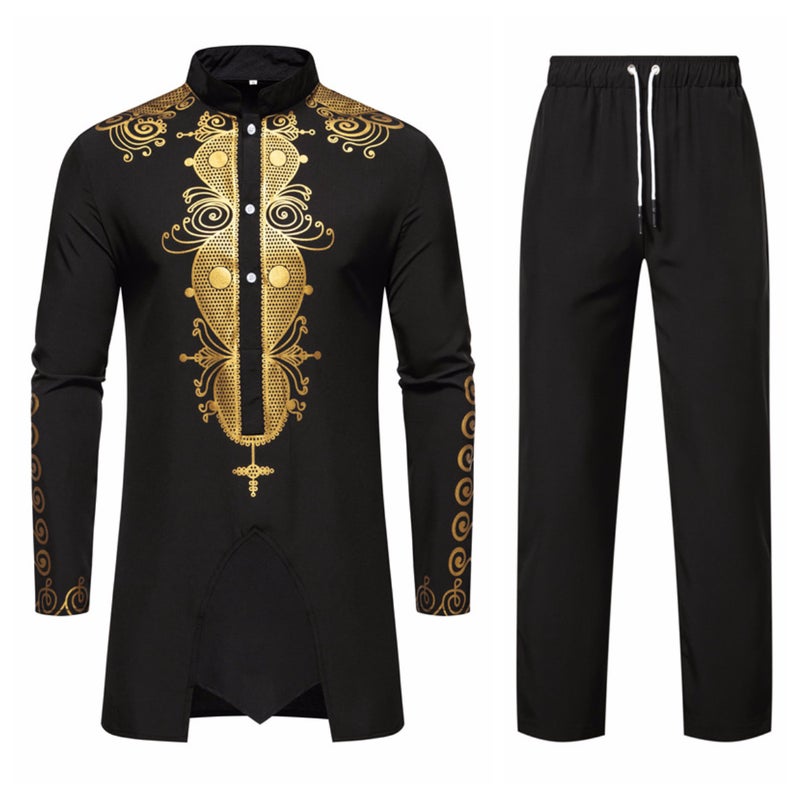 2023 Foreign Trade New Mens Casual Printed Robe Shirt Ethnic Totem Fashion European Size Fashion Two-piece Set Black 