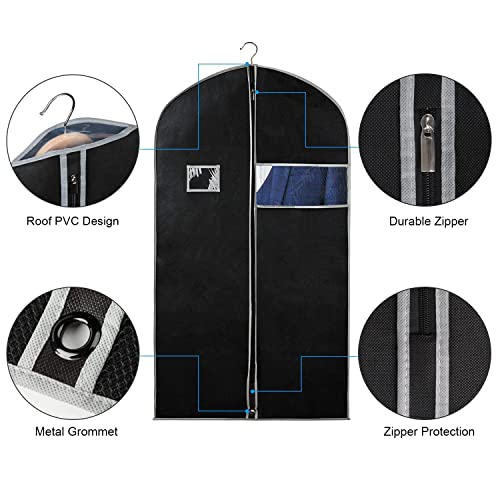 Syeeiex 40" Suit Bag, Set of 5 Garment Bags for Hanging Clothes, Suit Bags for Closet Storage, Garment Bags for Storage Suits,T-shirts, Jackets and Coats(Black & Grey) - Image 3