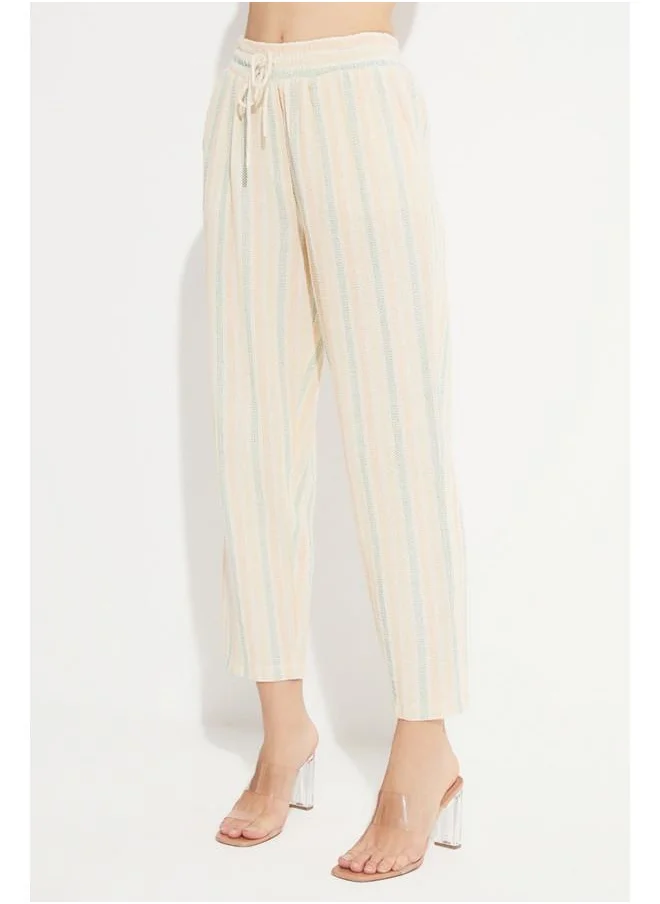 جون June Exclusive 100% Cotton Striped Trouser Beige