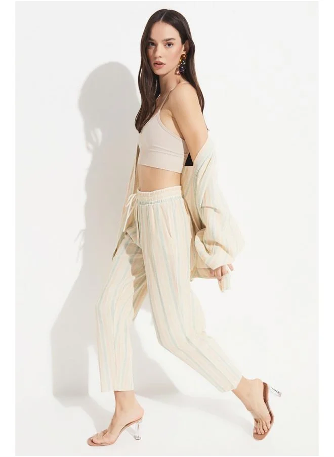 جون June Exclusive 100% Cotton Striped Trouser Beige