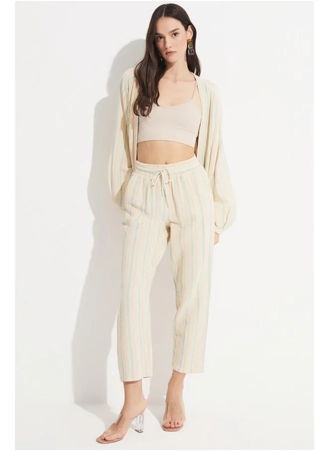 جون June Exclusive 100% Cotton Striped Trouser Beige