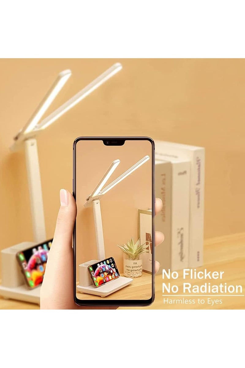 أباجورة برأس مزدوج ببطارية  للدراسة للطلاب   مصباح طاولة ليد قابل لإعادة الشحن بمنفذ USB، قابل للتعتيم 3 درجات للمنزل أبيض - Image 4
