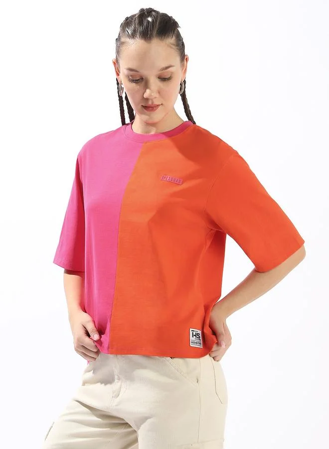HIGH STAR Women's Multicolour 100% Cotton Colour Blocked Oversized T-Shirt