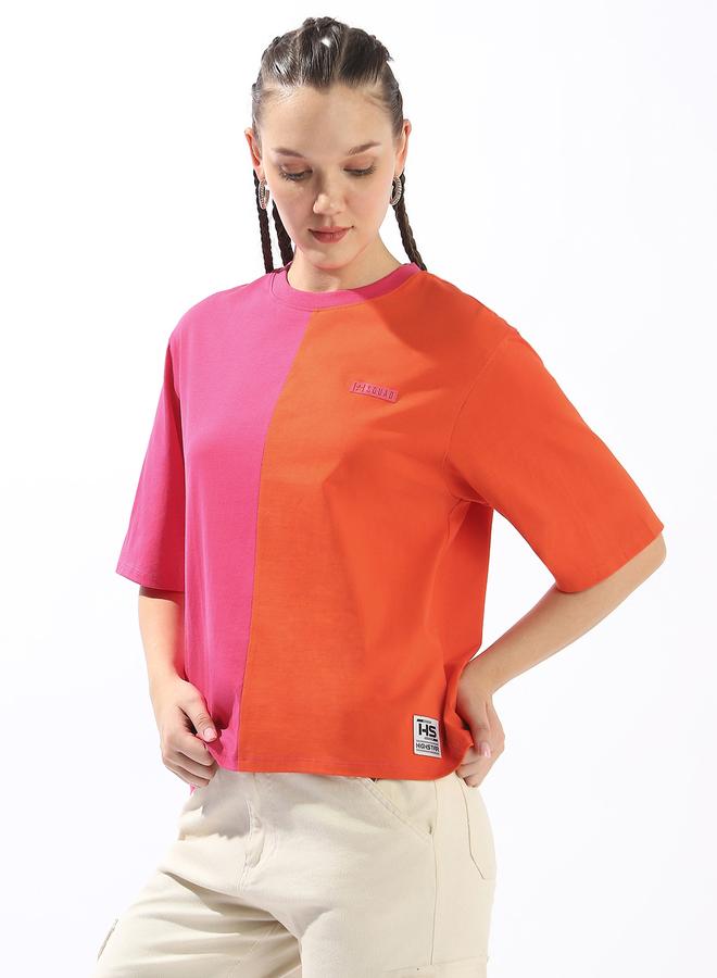 HIGH STAR Women's Multicolour 100% Cotton Colour Blocked Oversized T-Shirt - Image 3