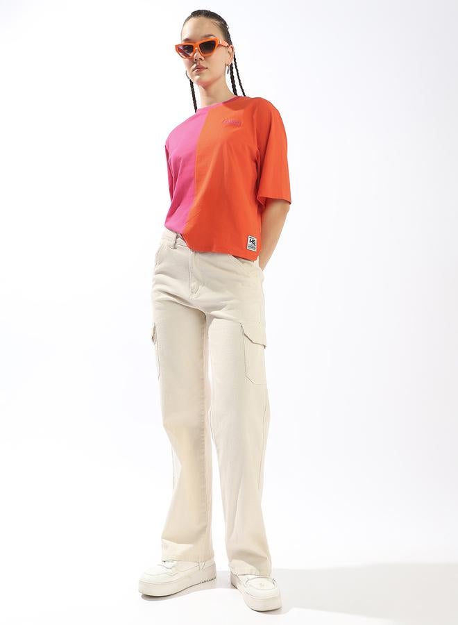 HIGH STAR Women's Multicolour 100% Cotton Colour Blocked Oversized T-Shirt - Image 2