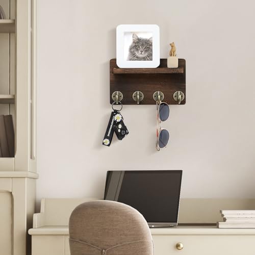 Nekon Key Holder Wall Mount, 8.5 Inch Small Home Decor Wooden Wall Organizer with 4 Hooks and Shelf, Wall Decor for Living Room Entryway Kitchen (Brown) - Image 3
