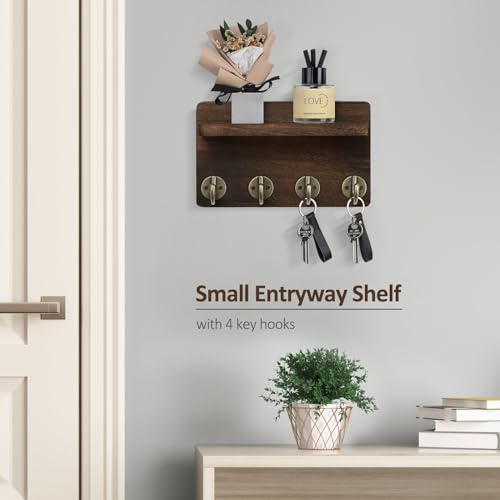 Nekon Key Holder Wall Mount, 8.5 Inch Small Home Decor Wooden Wall Organizer with 4 Hooks and Shelf, Wall Decor for Living Room Entryway Kitchen (Brown) - Image 2