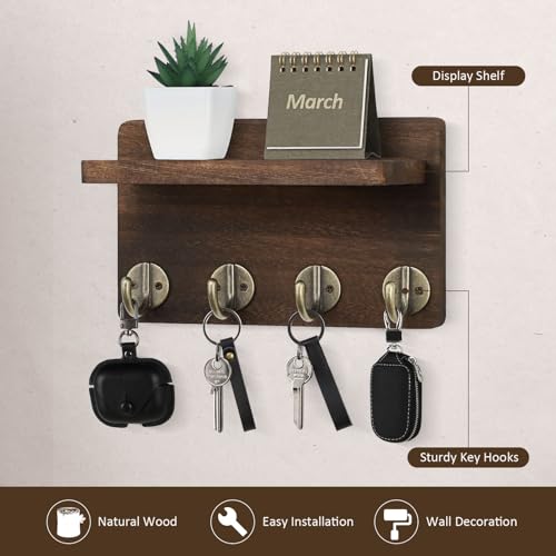 Nekon Key Holder Wall Mount, 8.5 Inch Small Home Decor Wooden Wall Organizer with 4 Hooks and Shelf, Wall Decor for Living Room Entryway Kitchen (Brown) - Image 4