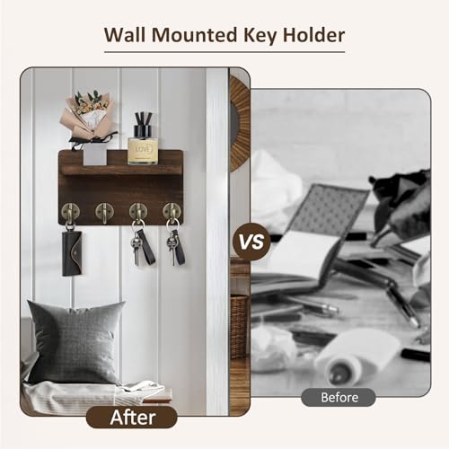 Nekon Key Holder Wall Mount, 8.5 Inch Small Home Decor Wooden Wall Organizer with 4 Hooks and Shelf, Wall Decor for Living Room Entryway Kitchen (Brown) - Image 5