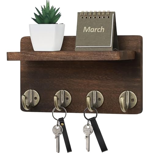 Nekon Key Holder Wall Mount, 8.5 Inch Small Home Decor Wooden Wall Organizer with 4 Hooks and Shelf, Wall Decor for Living Room Entryway Kitchen (Brown) - Image 1
