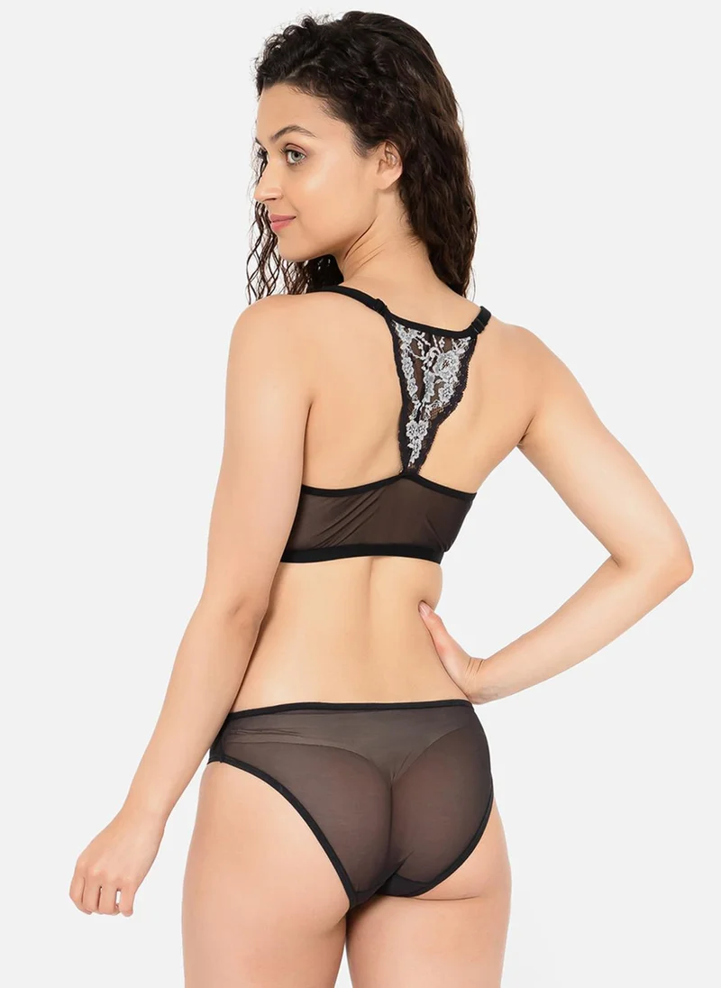 Clovia Black Clovia Non-Padded Non-Wired Demi Cup Front-Open Bra & Low Waist Bikini Panty in Black - Lace for Women | Best Price UAE